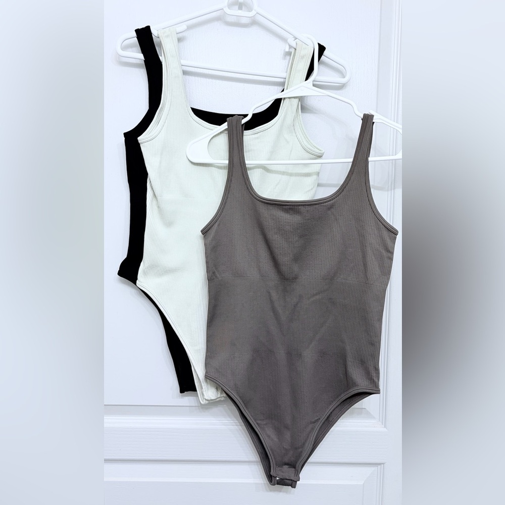 3 Pack Ribbed Shaping Bodysuits Black Cream Brown Square Neck Tank - Picture 2 of 2